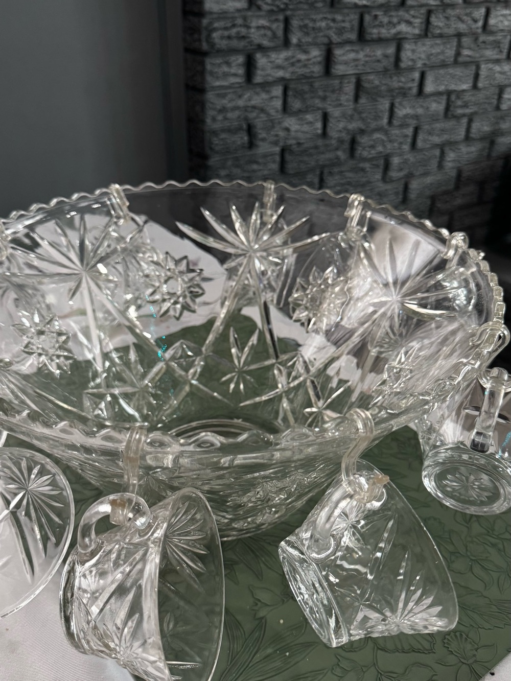 Cut Glass Punch Bowl with Hanging Cups - Clear Crystal Finish